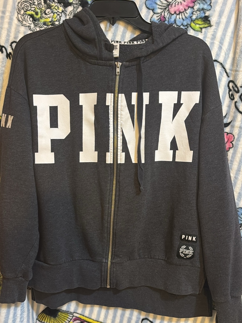 PINK Victoria's Secret Dark Gray Full-Zip Hoodie with White Logo